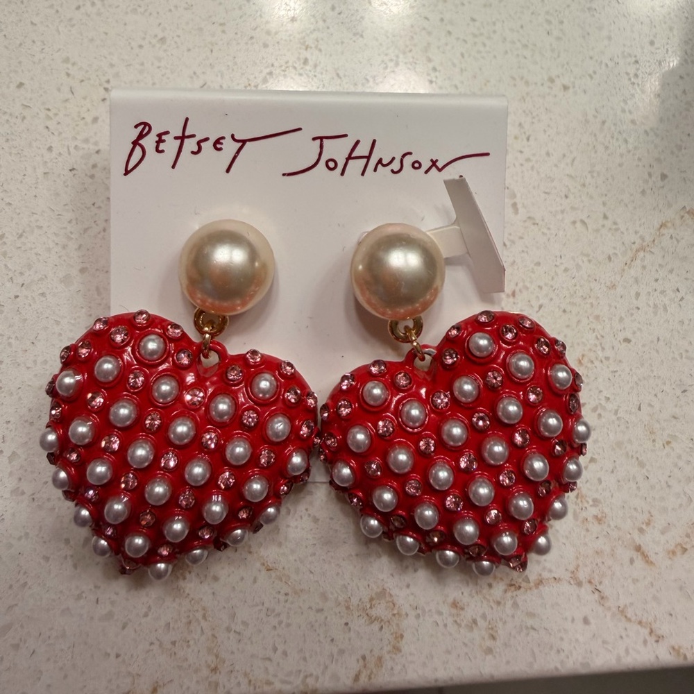 Betsey Johnson Red Heart Earrings with Pearls